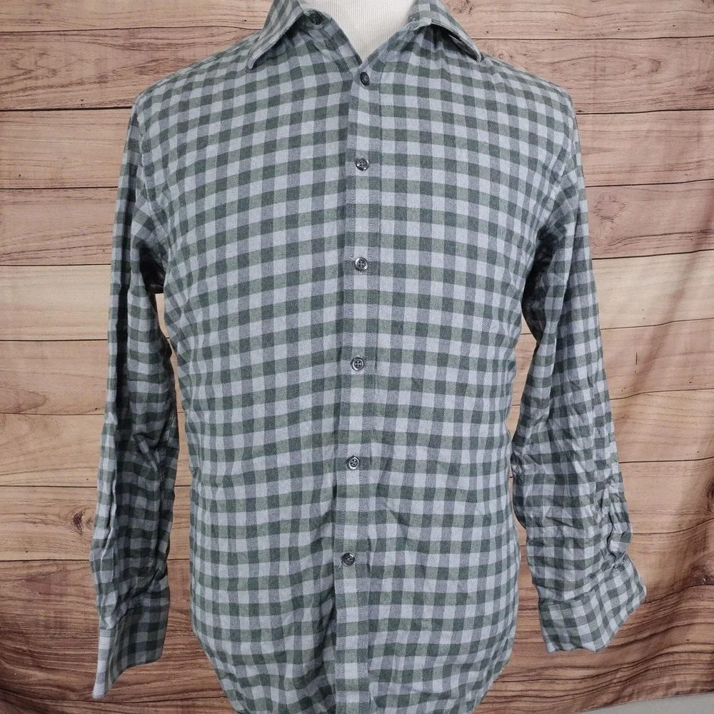 Jos. A. Bank Shirt Mens Medium‎ Green Check Tailored Fit Flannel Button-Up